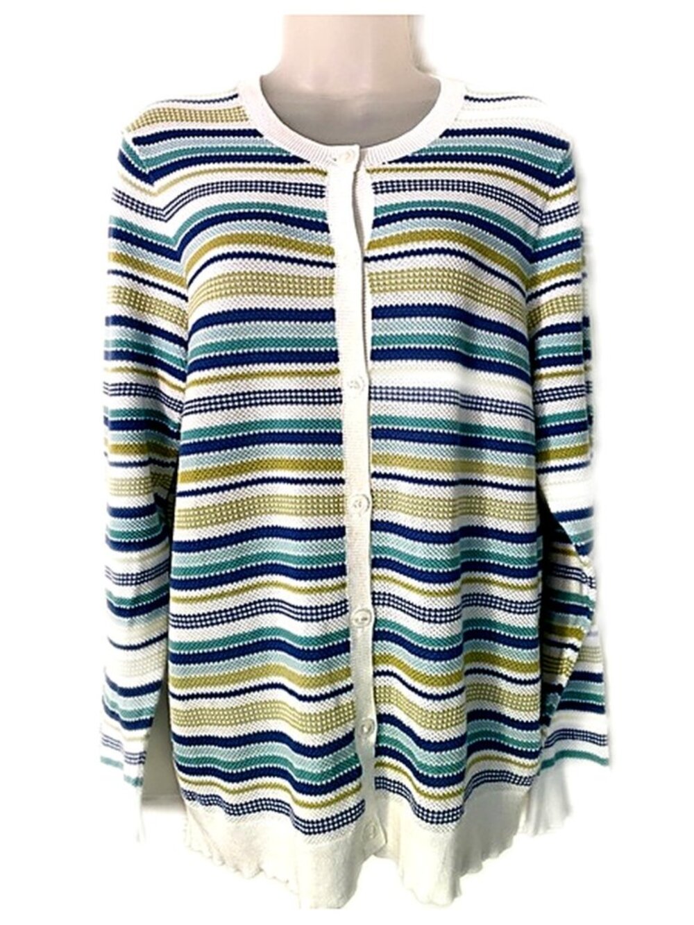 Pendleton Sweater Cardigan White Green Blue Striped Cotton Size XL
